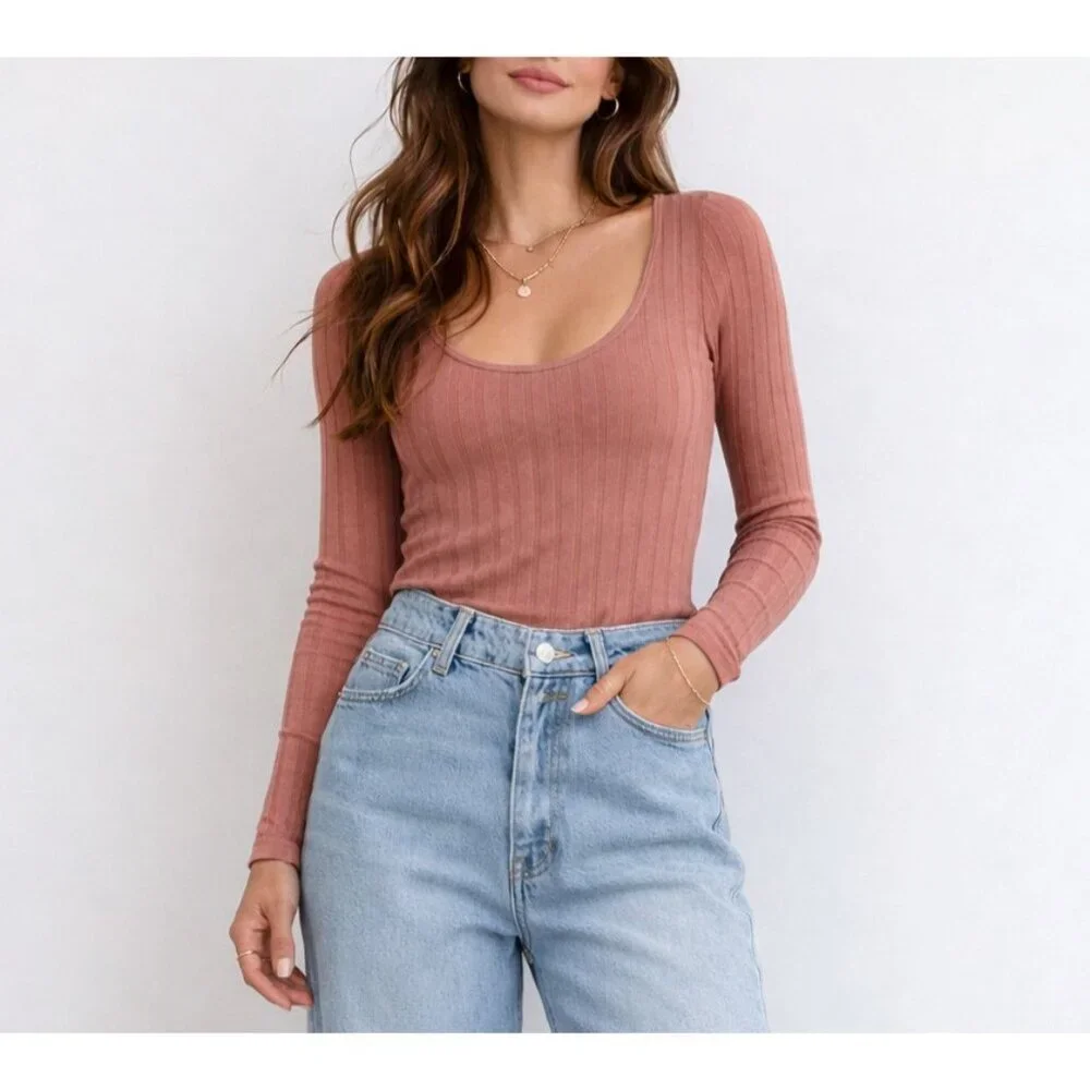 Free People Lucky You Layering Top Ribbed Knit Shimmer Pink Stretch NWT - XS/S